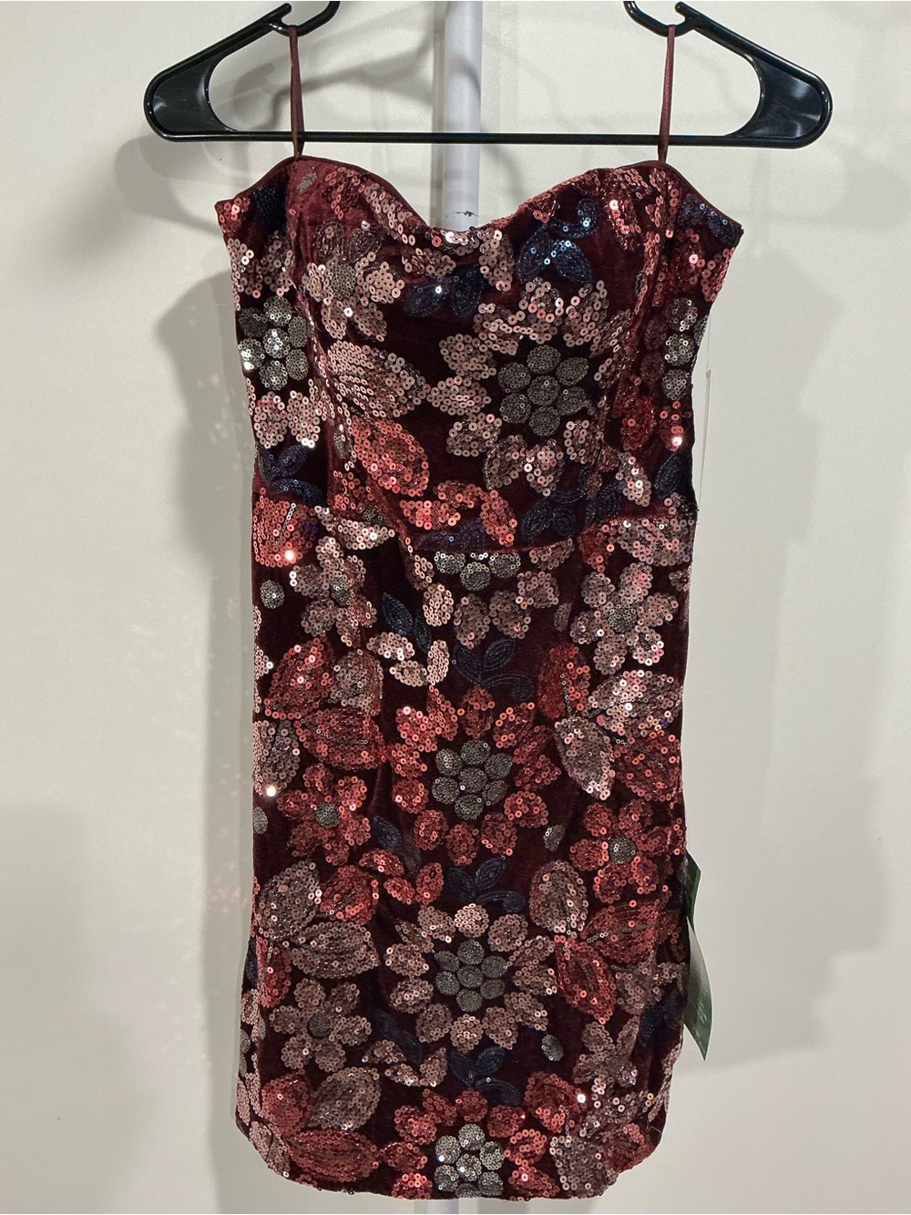 Bob Mackie Burgundy, Pink and Silver Sequin Strapless Floral Mini Dress